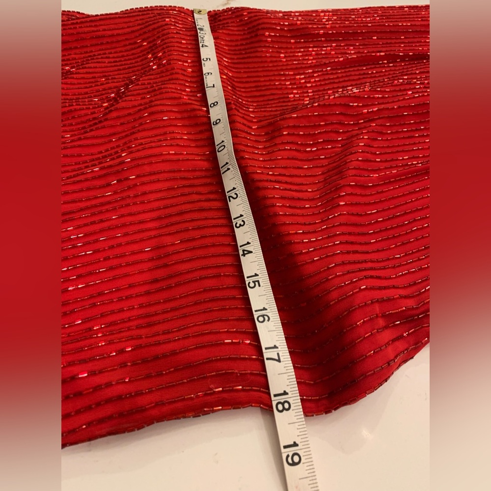 Vintage Red Silk Beaded Gown Intricate Platinum Fringe Short Sleeve Size 14. - Picture 6 of 16